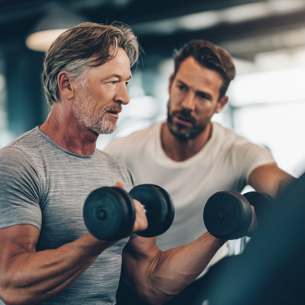 Мъж на 58 години работи с персонален треньор в модерна фитнес зала, извършва упражнения с дъмбели