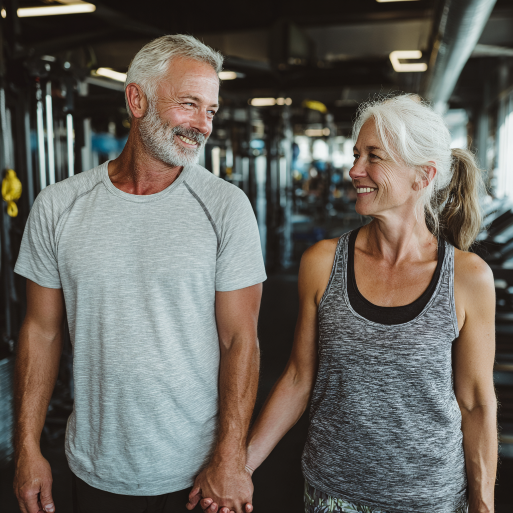 Двойка на 55 години се усмихва след тренировка, държат се за ръце в светла фитнес зала