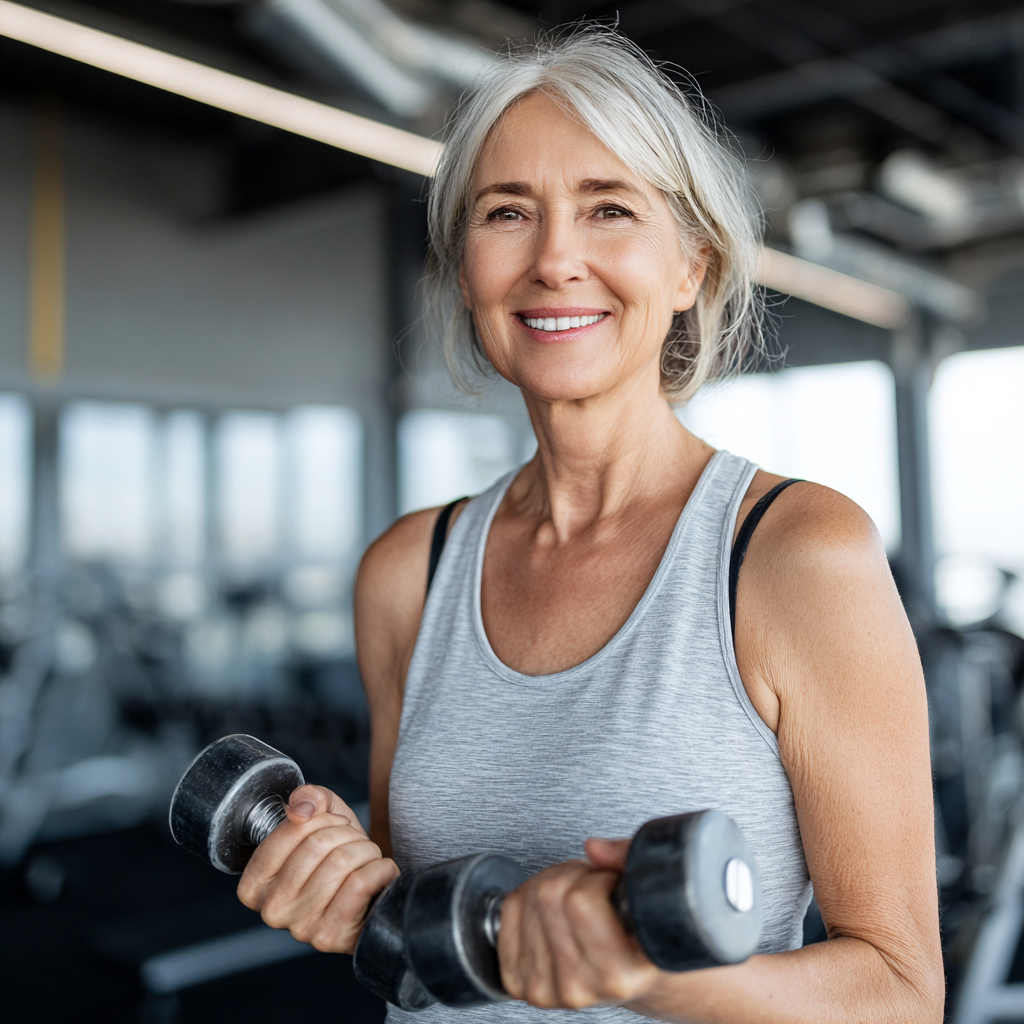 Усмихната жена на 55 години в спортни дрехи държи гири в съвременна фитнес зала